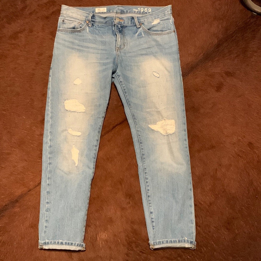 Gap boyfriend jeans. Light wash, distressing, size 28r.
